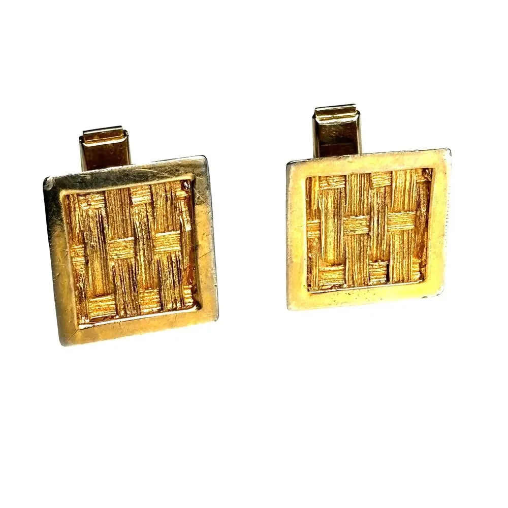 Vintage mid century cufflinks woven textured goldtone squares classic 1960's